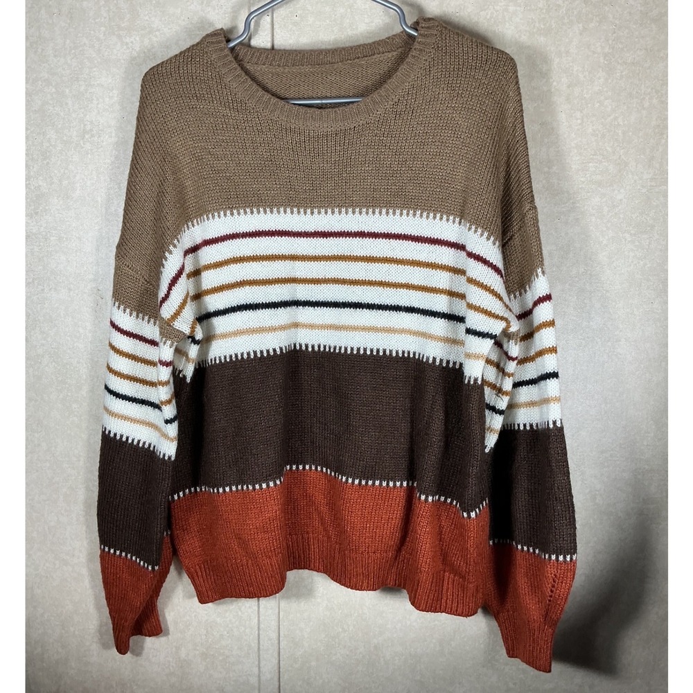 Striped Knit Crew Neck Sweater Brown Orange Tan White Long Sleeve Size L